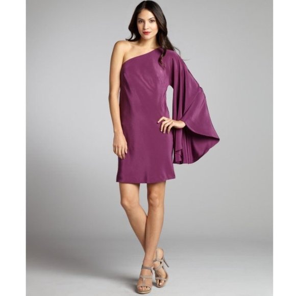 Nicole Miller green silk batwing one shoulder mini dress size 12 - Picture 4 of 13